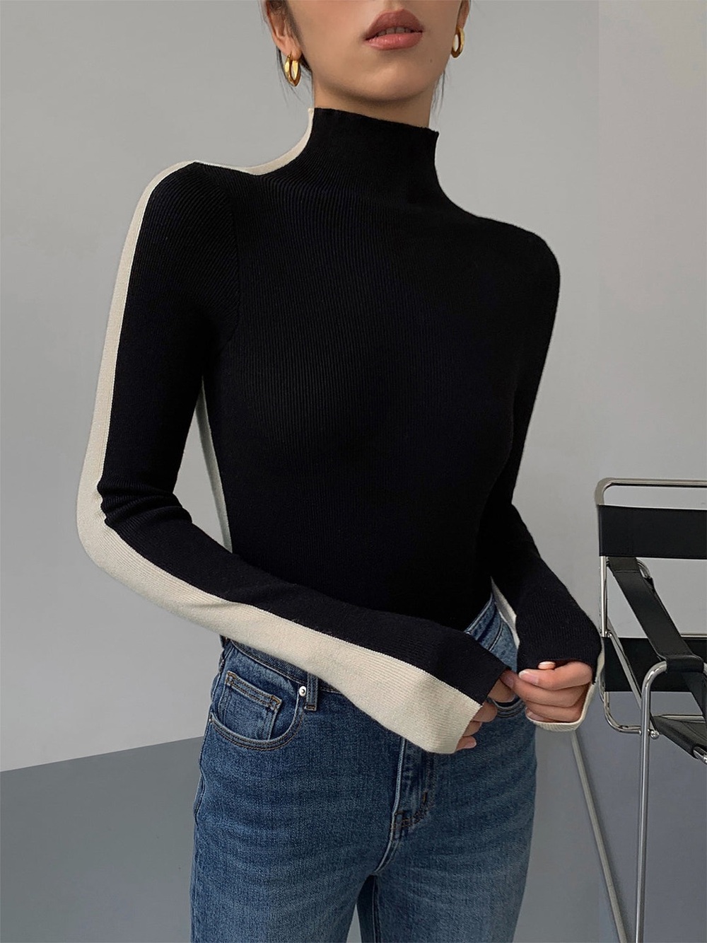 Commense Two Tone Double Sided Long Sleeve Knit Top Size M